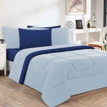 Kit Edredom + Jogo De Lençol Malha 100% Algodão Gran Moratta 5 Peças Solteiro - Azul Bebê-azul Royal.