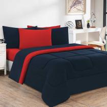 Kit Edredom + Jogo De Lençol Malha 100% Algodão Gran Moratta 5 Peças Solteiro - Azul Marinho/Vermelho Kit Edredom + Jogo De Lençol Malha 100% Algodão Gran Moratta 5 Peças Solteiro - Azul Marinho/Vermelho