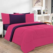 Kit Edredom + Jogo De Lençol Malha 100% Algodão Gran Moratta 5 Peças Solteiro - disponível na cor Pink -roxo
