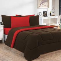 Kit Edredom + Jogo De Lençol Malha 100% Algodão Gran Moratta 5 Peças Solteiro - Marrom-vermelho - design resistente