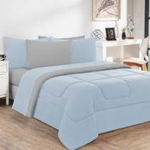 Kit Edredom + Jogo De Lençol Malha 100% Algodão Gran Moratta 6 Peças Casal - Azul Bebê/Cinza
