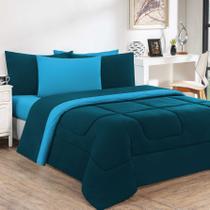 Kit Edredom + Jogo De Lençol Malha 100% Algodão Gran Moratta 6 Peças Casal - Azul Petróleo/Azul Turquesa