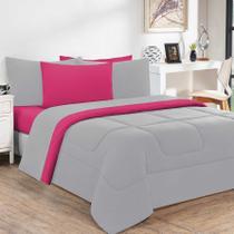 Kit Edredom + Jogo De Lençol Malha 100% Algodão Gran Moratta 6 Peças Casal - Cinza/Pink