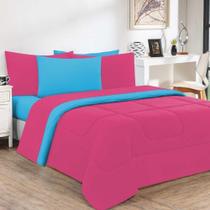 Kit Edredom + Jogo De Lençol Malha 100% Algodão Gran Moratta 6 Peças Casal - colorido na tonalidade Pink -azul Turquesa
