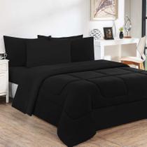 Kit Edredom + Jogo De Lençol Malha 100% Algodão Gran Moratta 6 Peças Casal - Preto/Preto