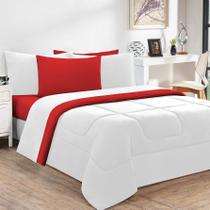 Kit Edredom + Jogo De Lençol Malha 100% Algodão Gran Moratta 6 Peças King - Branco/Vermelho