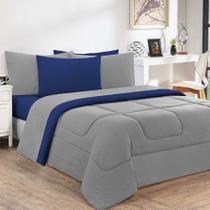 Kit Edredom + Jogo De Lençol Malha 100% Algodão Gran Moratta 6 Peças King - Cinza/Azul Royal