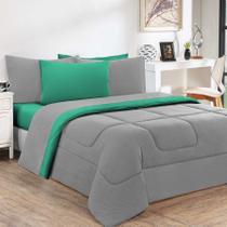 Kit Edredom + Jogo De Lençol Malha 100% Algodão Gran Moratta 6 Peças King - Cinza/Verde Jade