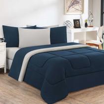 Kit Edredom + Jogo De Lençol Malha 100% Algodão Gran Moratta 6 Peças Queen - acabamento com a cor Azul Marinho-palha