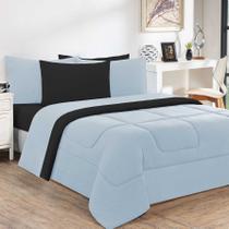 Kit Edredom + Jogo De Lençol Malha 100% Algodão Gran Moratta 6 Peças Queen - Azul Bebê/Preto