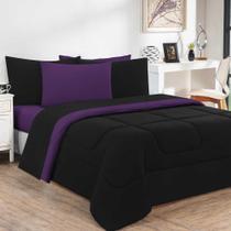 Kit Edredom + Jogo De Lençol Malha 100% Algodão Gran Moratta 6 Peças Queen - Preto-roxo - Alta Padrão de Fabricação Kit Edredom + Jogo De Lençol Malha 100% Algodão Gran Moratta 6 Peças Queen - Preto-roxo - Alta Padrão de Fabricação
