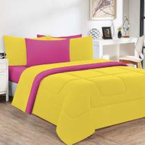 Kit Edredom + Jogo De Lençol Malha 100% Algodão Gran Moratta 7 Peças Casal - Amarelo/Pink Kit Edredom + Jogo De Lençol Malha 100% Algodão Gran Moratta 7 Peças Casal - Amarelo/Pink