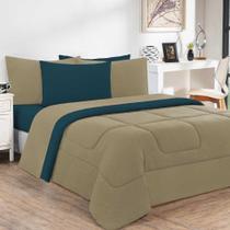 Kit Edredom + Jogo De Lençol Malha 100% Algodão Gran Moratta 7 Peças Casal - Avelã-azul Petróleo - Produto Queridinho!