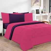 Kit Edredom + Jogo De Lençol Malha 100% Algodão Gran Moratta 7 Peças Casal - Pink /Roxo
