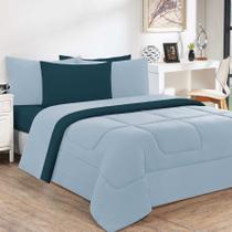 Kit Edredom + Jogo De Lençol Malha 100% Algodão Gran Moratta 7 Peças King - Azul Bebê/Azul Petróleo