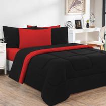 Kit Edredom + Jogo De Lençol Malha 100% Algodão Gran Moratta 7 Peças King - Preto-vermelho - Linha Exclusiva