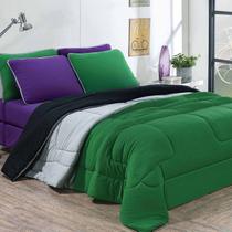 Kit Edredom + Jogo De Lençol Malha 100% Algodão Urbano 5 Peças Solteiro - Verde Bandeira/Mescla/Roxo