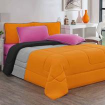 Kit Edredom + Jogo De Lençol Malha 100% Algodão Urbano 6 Peças Casal - Laranja/Mescla/Pink