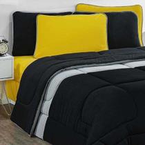 Kit Edredom + Jogo De Lençol Malha 100% Algodão Urbano 6 Peças Queen - Preto-mescla-amarelo Kit Edredom + Jogo De Lençol Malha 100% Algodão Urbano 6 Peças Queen - Preto-mescla-amarelo