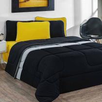 Kit Edredom + Jogo De Lençol Malha 100% Algodão Urbano 6 Peças Queen - Preto-mescla-amarelo. Kit Edredom + Jogo De Lençol Malha 100% Algodão Urbano 6 Peças Queen - Preto-mescla-amarelo.