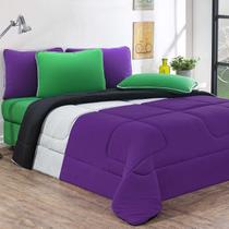 Kit Edredom + Jogo De Lençol Malha 100% Algodão Urbano 7 Peças King - Roxo/Mescla/Preto