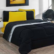 Kit Edredom + Jogo De Lençol Malha 100% Algodão Urbano 7 Peças Queen - Preto/Mescla/Amarelo