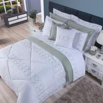 Kit Edredom King Dupla Face Bordado 200 Fios 11 Peças Branco e Cinza Coleção Damasco