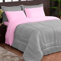 Kit Edredom King Dupla Face com 2 Fronhas Microfibra Macia e Resistente Rosa e Cinza Kit Edredom King Dupla Face com 2 Fronhas Microfibra Macia e Resistente Rosa e Cinza