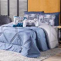 Kit Edredom KING Game Start Azul com Almofadas Estampadas 07 Peças - Dupla Face Percal 300 Fios Kit Edredom KING Game Start Azul com Almofadas Estampadas 07 Peças - Dupla Face Percal 300 Fios