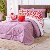 Kit Edredom KING Morangos Rosê com Almofadas Estampadas 07 Peças - Dupla Face Percal 300 Fios