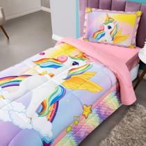Kit Edredom + Lençol Plush Fofinho Infantil Dupla Face Dream 3 Peças Solteiro - Unicórnio