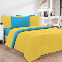 Kit Edredom Malha 100% Algodão Gran Moratta 2 Peças Solteiro - Amarelo/Azul Turquesa