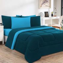 Kit Edredom Malha 100% Algodão Gran Moratta 3 Peças King - design moderno na cor Azul Petróleo-azul Turquesa