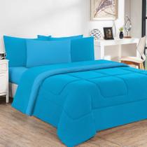 Kit Edredom Malha 100% Algodão Gran Moratta 3 Peças Queen - Azul Turquesa/Azul Turquesa