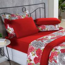Kit Edredom Malha 100% Algodão Primavera 3 Peças Casal - Floral com sofisticação na cor Vermelho