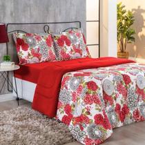 Kit Edredom Malha 100% Algodão Primavera 3 Peças Casal - Floral Vermelho Kit Edredom Malha 100% Algodão Primavera 3 Peças Casal - Floral Vermelho