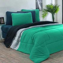 Kit Edredom Malha 100% Algodão Urbano 3 Peças Casal - Verde Jade/Mescla/Preto