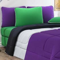 Kit Edredom Malha 100% Algodão Urbano 3 Peças King - Roxo-mescla-preto - Design Resistente