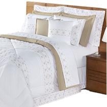 Kit Edredom Queen Dupla Face Bordado Micropercal 200 fios 11 Peças Damasco Branco/Bege