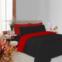 Kit Edredom Soft Casal Queen Toque Suave 5 Peças Preto e Vermelho Casa Dona