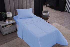 Kit edredom solteiro 3 peças lençol cama box 100% algodão percal 180 fios azul