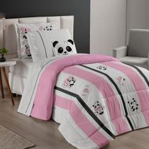 Kit Edredom Solteiro Algodão Estampado Percal 200 Fios 04 Peças Panda Cobertor Coberta Quentinha Quarto Menina Menino - Olivia Enxovais