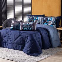 Kit Edredom SOLTEIRO Best Player Azul Marinho com Almofadas Estampadas 05 Peças - Dupla Face Percal 300 Fios Kit Edredom SOLTEIRO Best Player Azul Marinho com Almofadas Estampadas 05 Peças - Dupla Face Percal 300 Fios