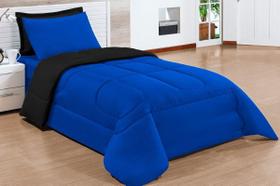 Kit Edredom Solteiro duplo face Azul Preto + lençol com 4 peças Kit Edredom Solteiro duplo face Azul Preto + lençol com 4 peças