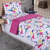 Kit Edredom Solteiro Micropercal 200 fios Dupla Face Arco Iris 3 peças