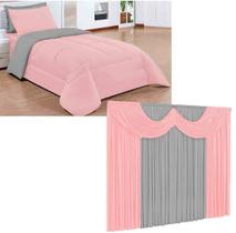 Kit Edredom Solteiro Ternura Dupla Face + Cortina Rosa Cinza