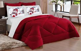 Kit Edredon Papai Noel dupla face Casal Queen 05 Peças Vermelho com Branco