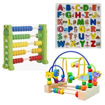 Kit Educativo 3 Brinquedos de Madeira, Aramado Montanha Russa, Ábaco e Tabuleiro Alfabeto Kit Educativo 3 Brinquedos de Madeira, Aramado Montanha Russa, Ábaco e Tabuleiro Alfabeto