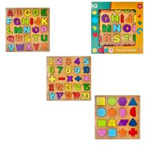 Kit Educativo de Madeira com 3 Placas, Letras, Números e Formas - BRINK JOY