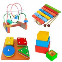 Kit Educativo de Madeira Infantil 4 em 1 Aramado, Cubo de Encaixe, Xilofone e Formas Geométricas para Bebês e Crianças Kit Educativo de Madeira Infantil 4 em 1 Aramado, Cubo de Encaixe, Xilofone e Formas Geométricas para Bebês e Crianças